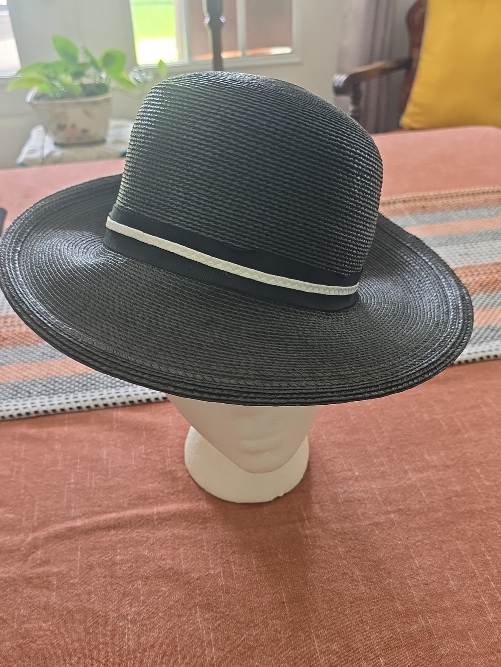Vintage Women’s Black Straw Hat with White and Black Trim